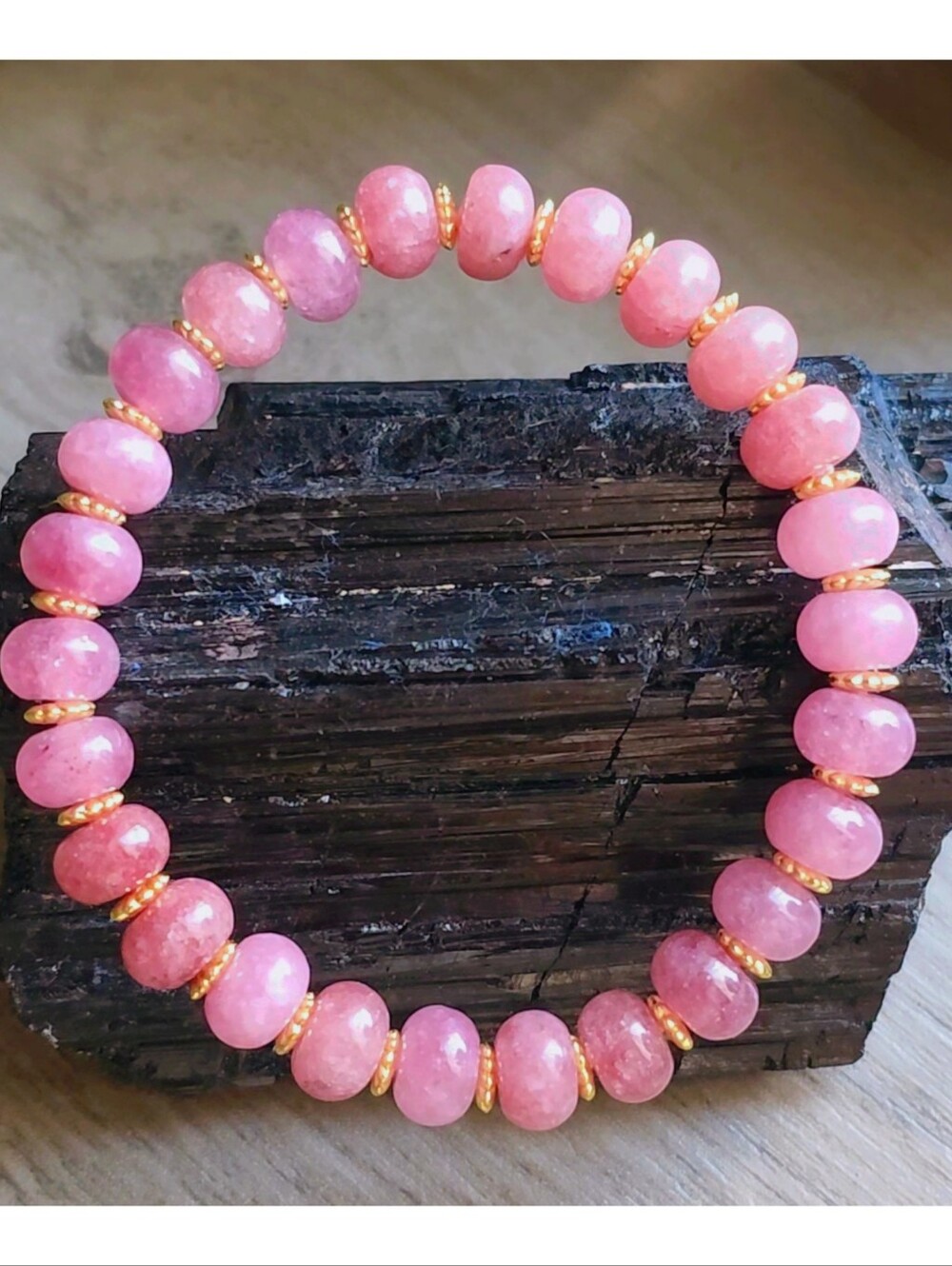 Dainty Strawberry Quartz  Bracelet with gold flower spacer beads